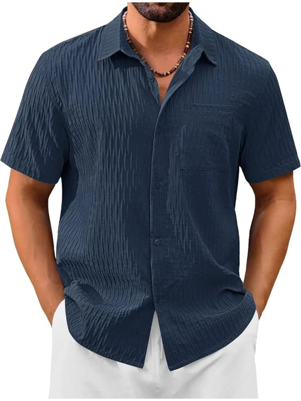 Men's Navy Blue Short Sleeve Casual Textured Polyester Button Down Shirts